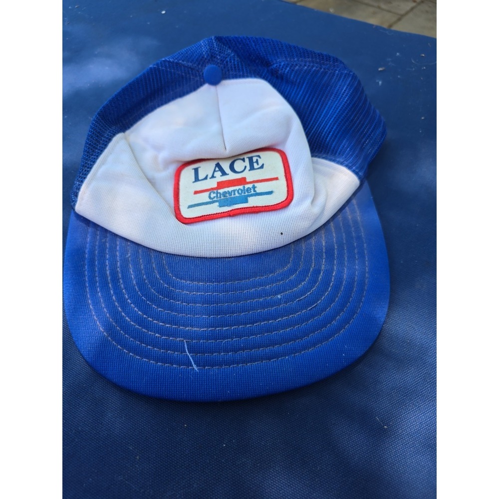 Vintage Adjust-A-Size Lace Chevrolet Snapback Trucker Hat Blue Mesh Cap w Patch